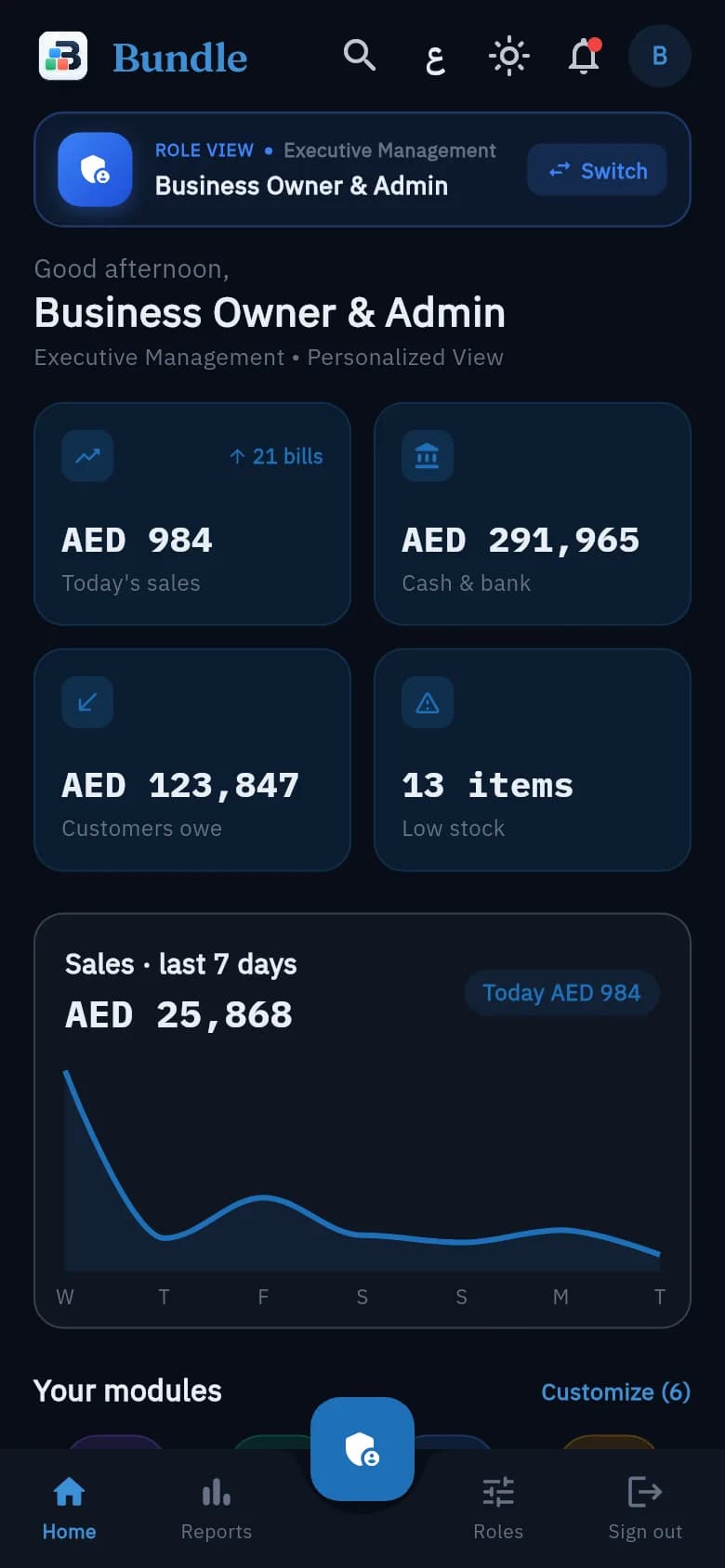 Bundle dashboard with sales, cash and receivables