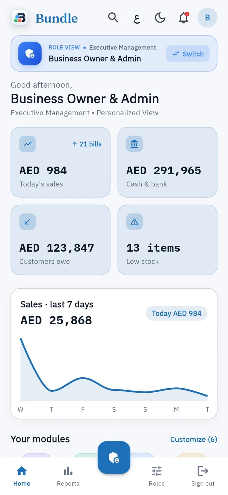 Bundle dashboard with sales, cash and receivables