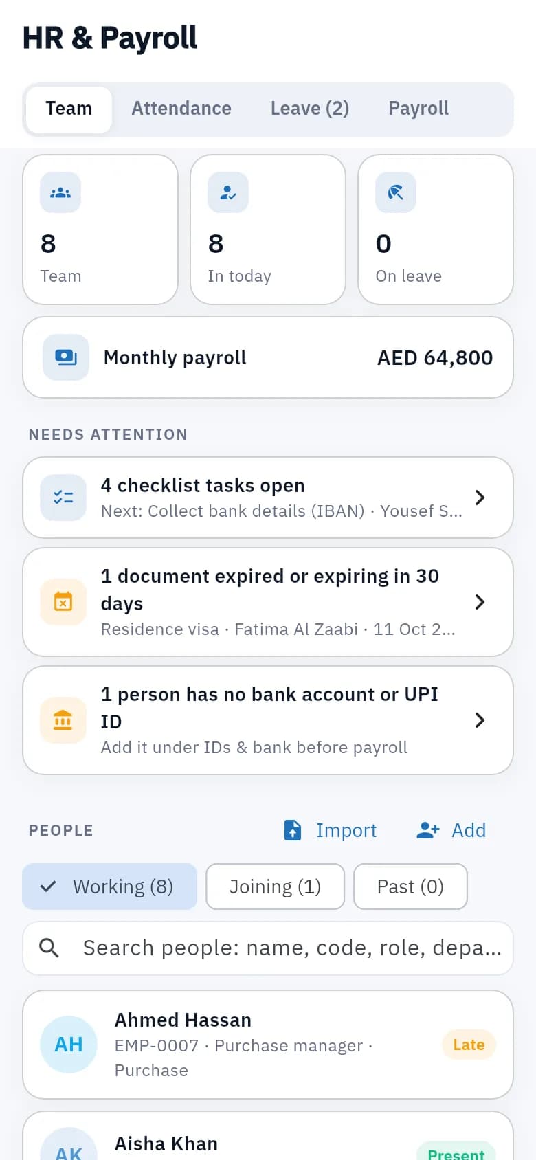 HR & payroll screen on iPhone, light mode
