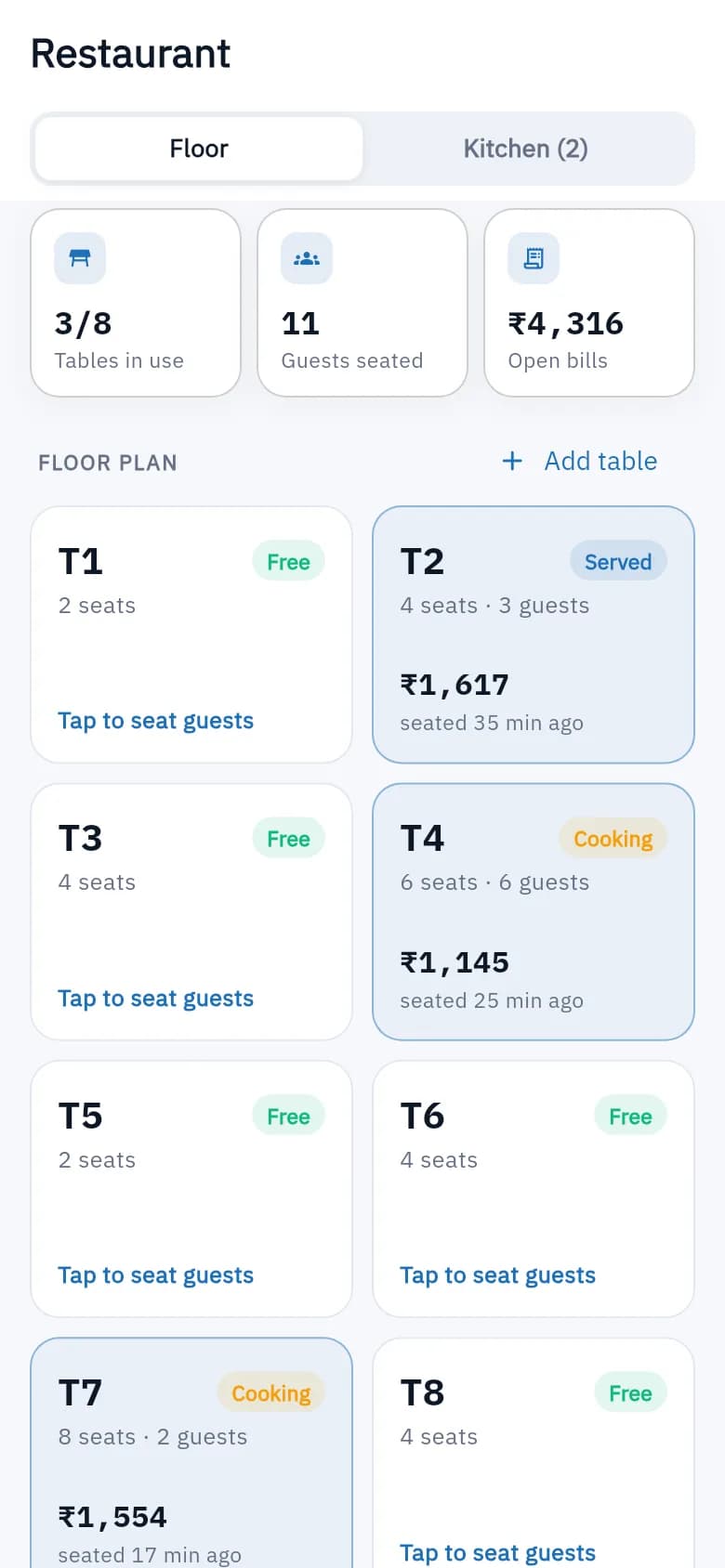 Restaurant floor plan in light mode